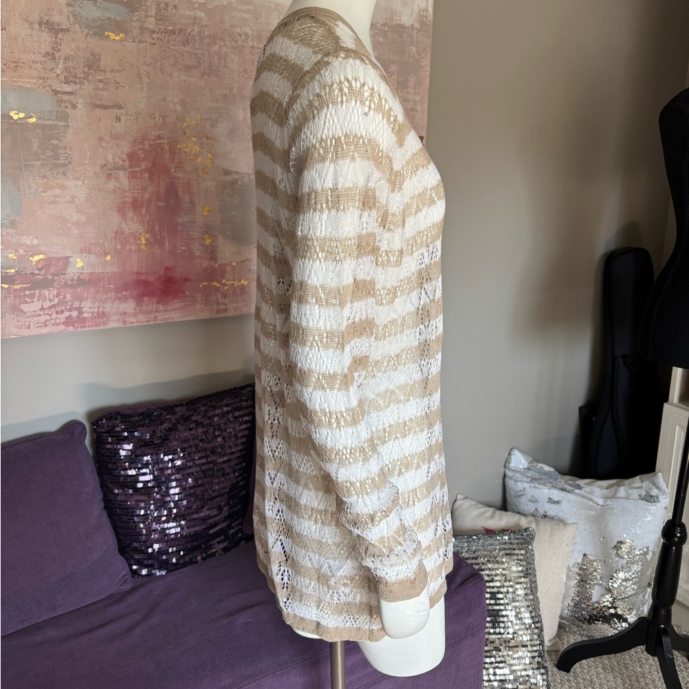 Crochet Knit Tunic Top V Neck Long Sleeve Striped Beach Cover Up - Picture 5 of 11